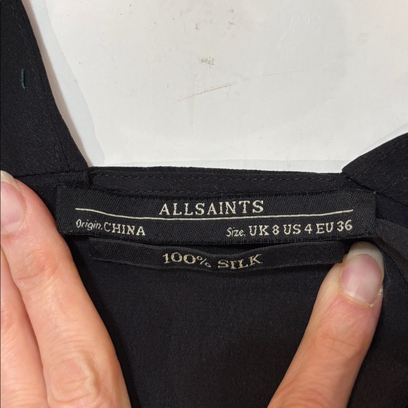 AllSaints Black Silk Button Down Shift Dress Sheer Side Slits 3/4 Sleeve Size 4 - Picture 15 of 16